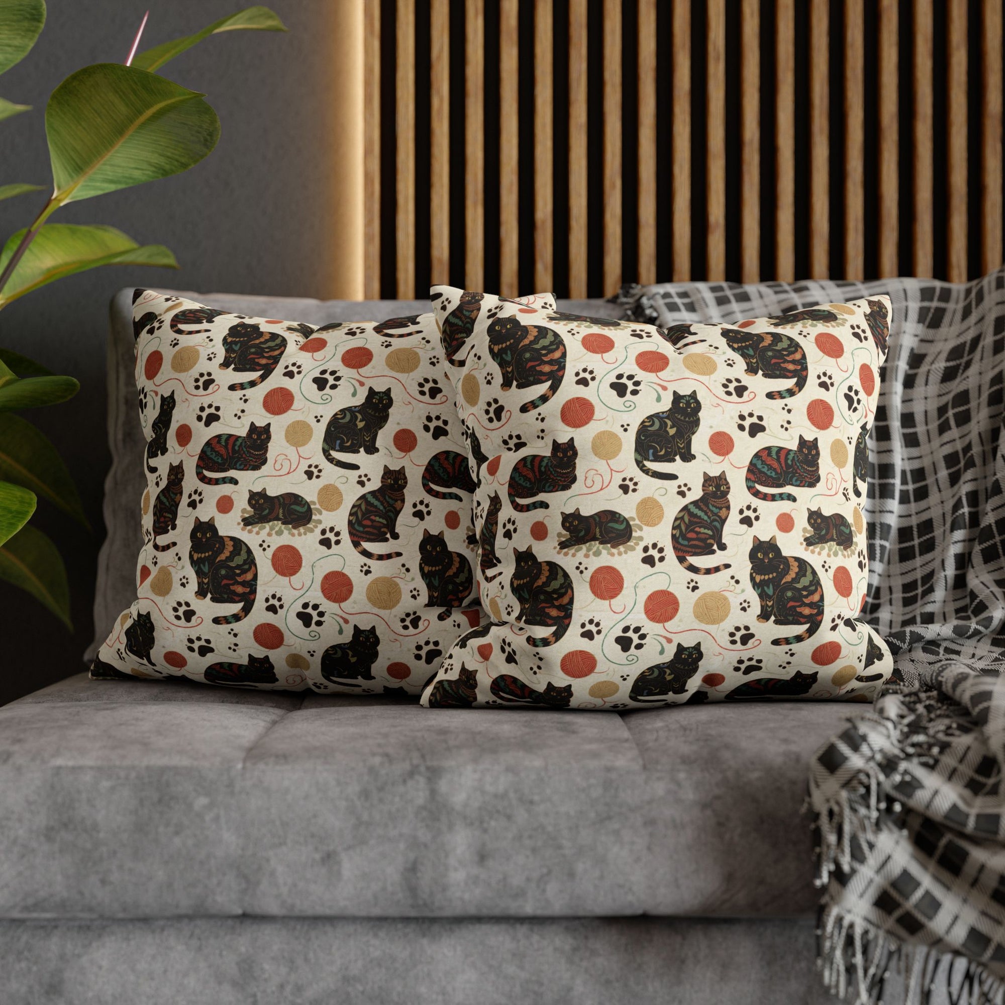 Square Pillowcase - Intricate tribal patterned black cats, colorful folk art style, playful felines with yarn balls and paw prints, artistic and bohemian cat design, cream background, unique animal print