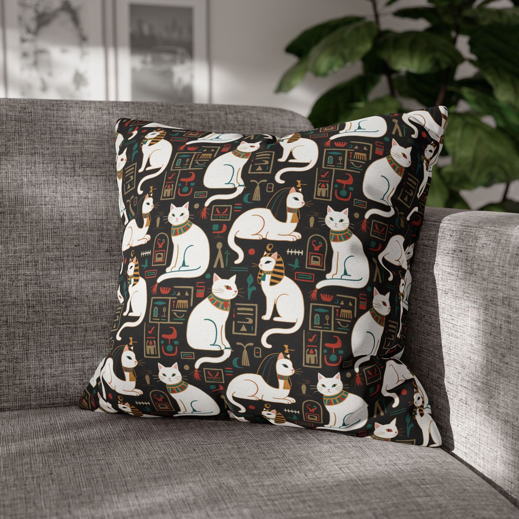 Square Pillowcase - Regal White Egyptian Cats with Ornate Collars and Ancient Symbols Adorn this Historically Inspired and Mystical Pattern