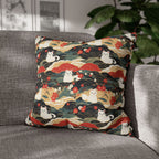 Square Pillowcase - A beautiful, Japanese-inspired illustration of tranquil white cats resting on rolling clouds with vibrant red and white cherry blossoms.