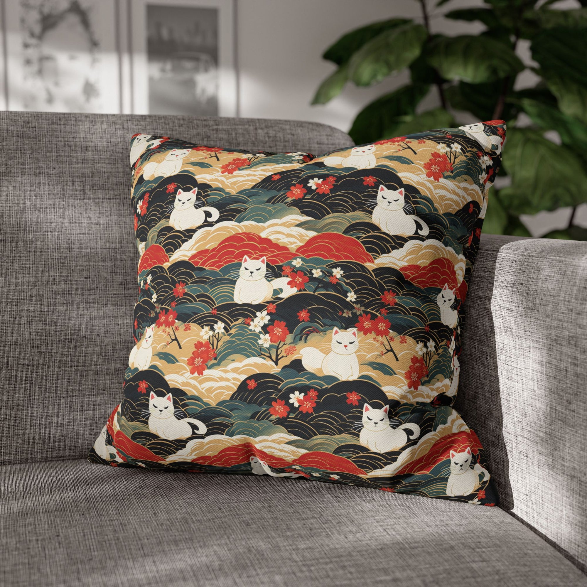 Square Pillowcase - A beautiful, Japanese-inspired illustration of tranquil white cats resting on rolling clouds with vibrant red and white cherry blossoms.