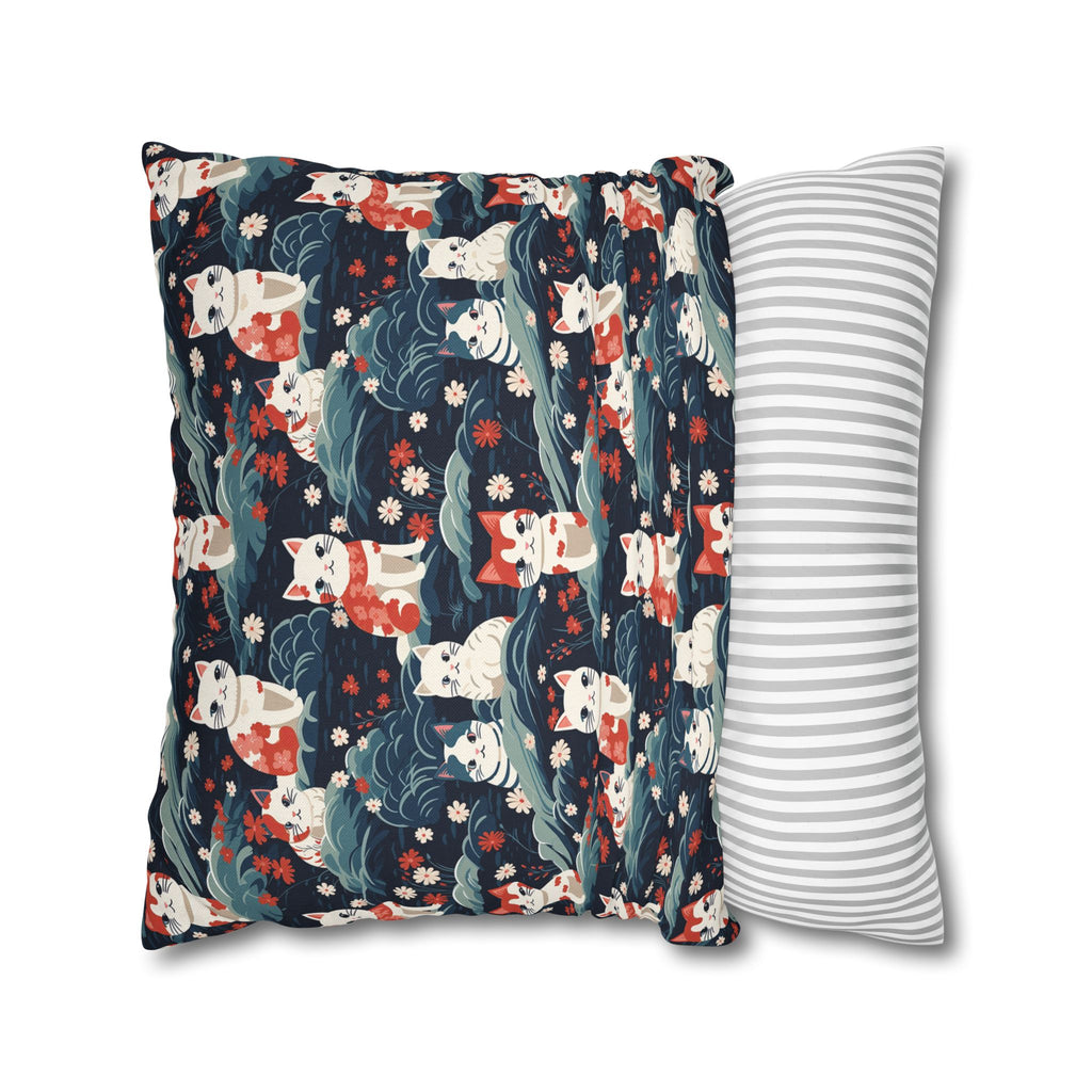 Square Pillowcase - A serene and sweet Japanese landscape pattern featuring multicolored cats relaxing within a tranquil field of red and white flowers and gentle blue hills.
