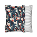 Square Pillowcase - A serene and sweet Japanese landscape pattern featuring multicolored cats relaxing within a tranquil field of red and white flowers and gentle blue hills.