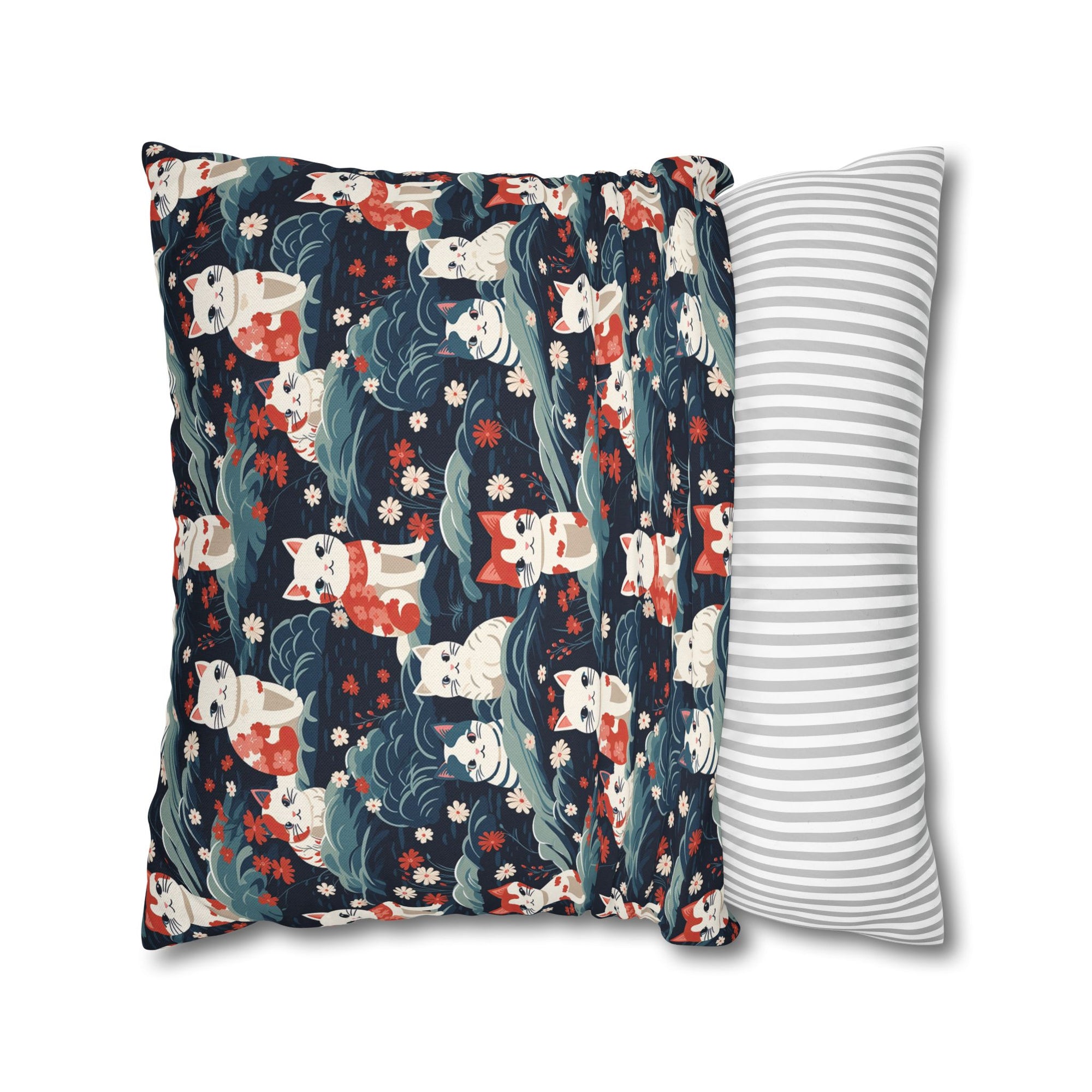 Square Pillowcase - A serene and sweet Japanese landscape pattern featuring multicolored cats relaxing within a tranquil field of red and white flowers and gentle blue hills.