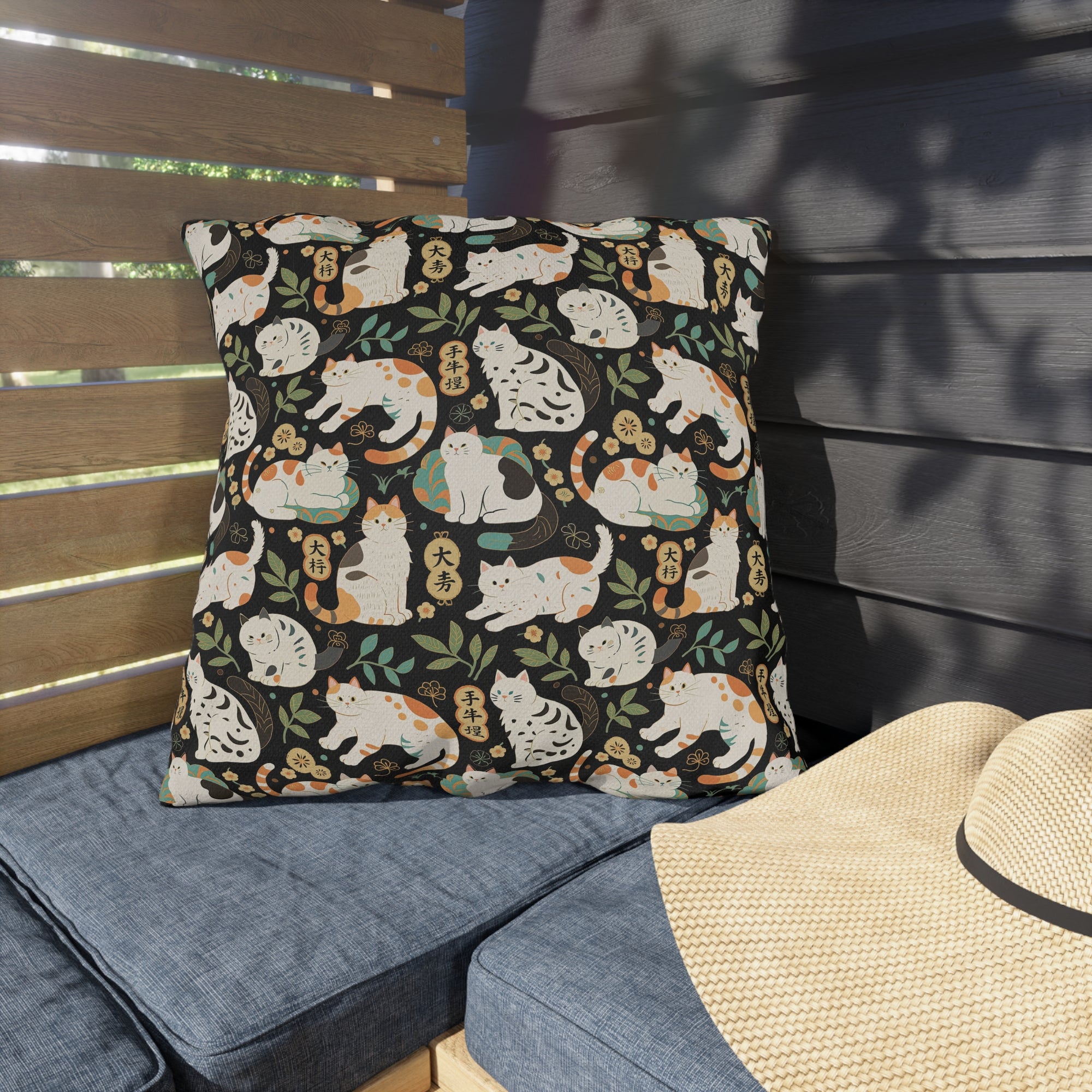 Outdoor Pillow - Traditional Japanese Maneki-Neko Cats and Auspicious Symbols Grace a Dark Background in this Fortunate Pattern