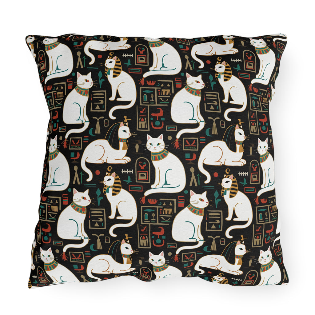 Outdoor Pillow - Regal White Egyptian Cats with Ornate Collars and Ancient Symbols Adorn this Historically Inspired and Mystical Pattern