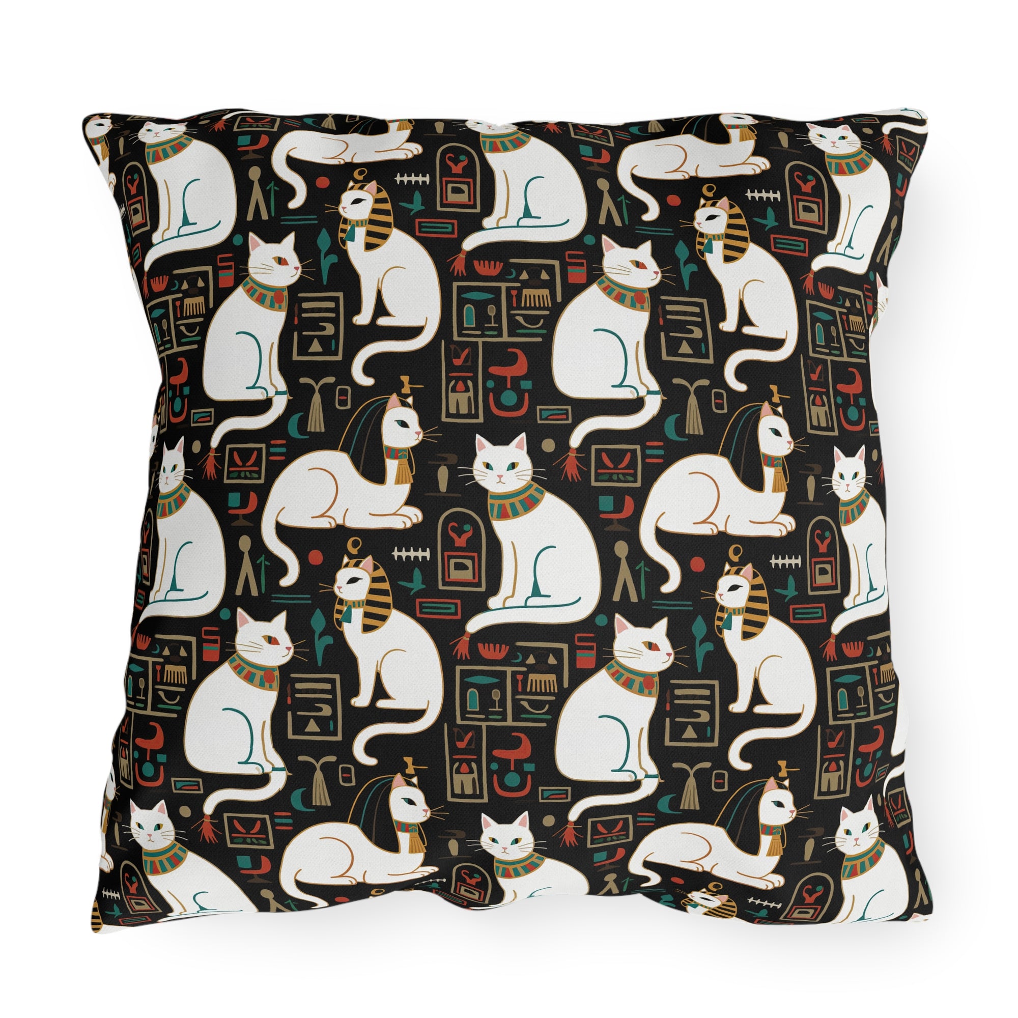 Outdoor Pillow - Regal White Egyptian Cats with Ornate Collars and Ancient Symbols Adorn this Historically Inspired and Mystical Pattern