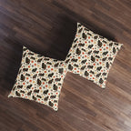 Indoor Square Floor Pillow - Intricate tribal patterned black cats, colorful folk art style, playful felines with yarn balls and paw prints, artistic and bohemian cat design, cream background, unique animal print