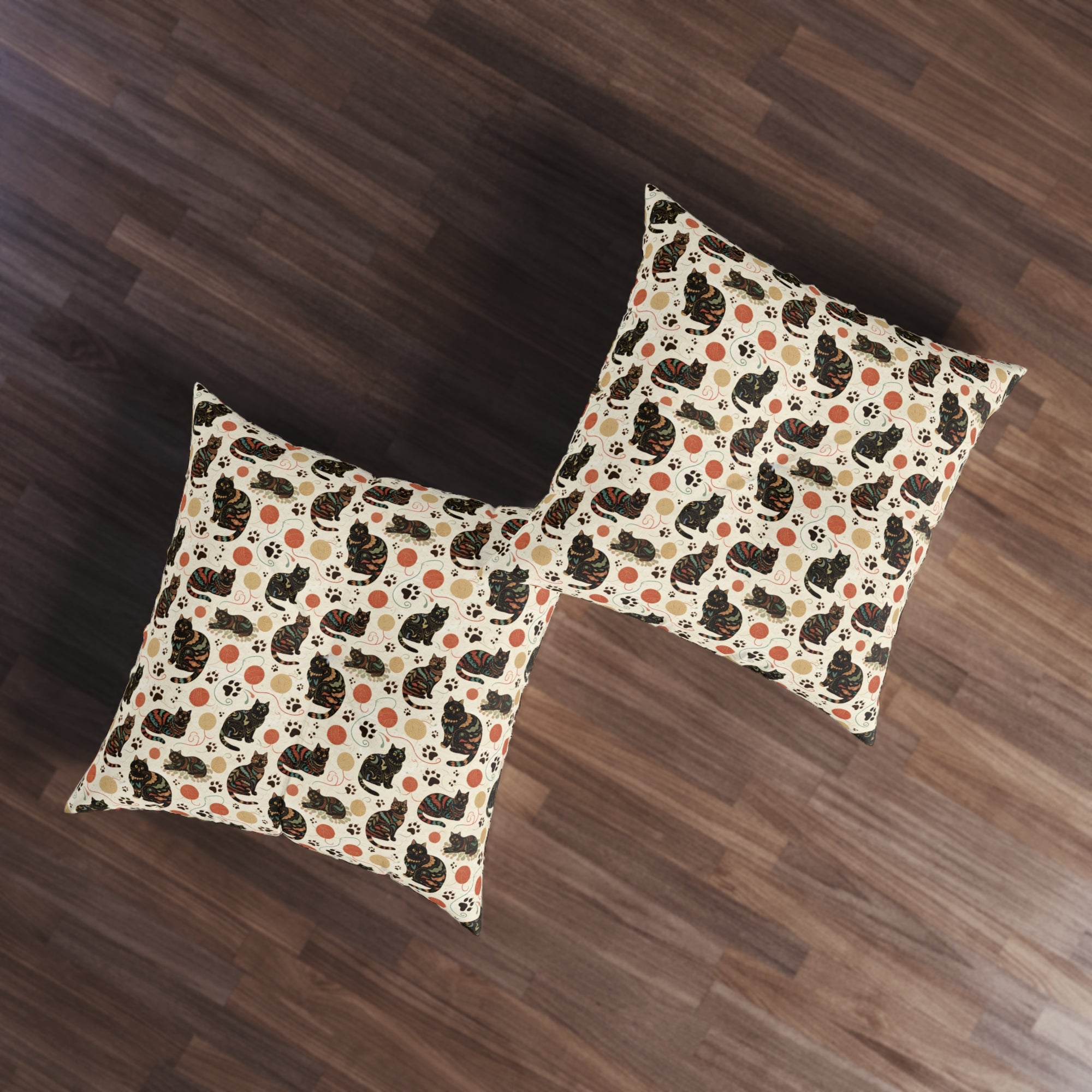 Indoor Square Floor Pillow - Intricate tribal patterned black cats, colorful folk art style, playful felines with yarn balls and paw prints, artistic and bohemian cat design, cream background, unique animal print