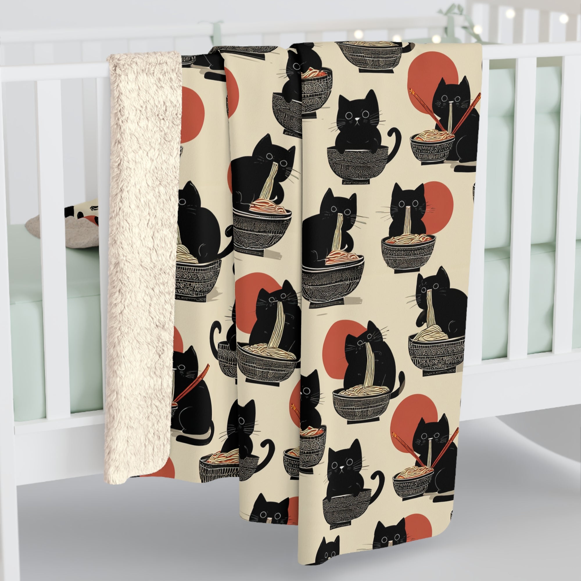 Sherpa Blanket - A whimsical and delightful hand-drawn style pattern of adorable black cats eating bowls of delicious ramen noodles with a large red sun in the background.