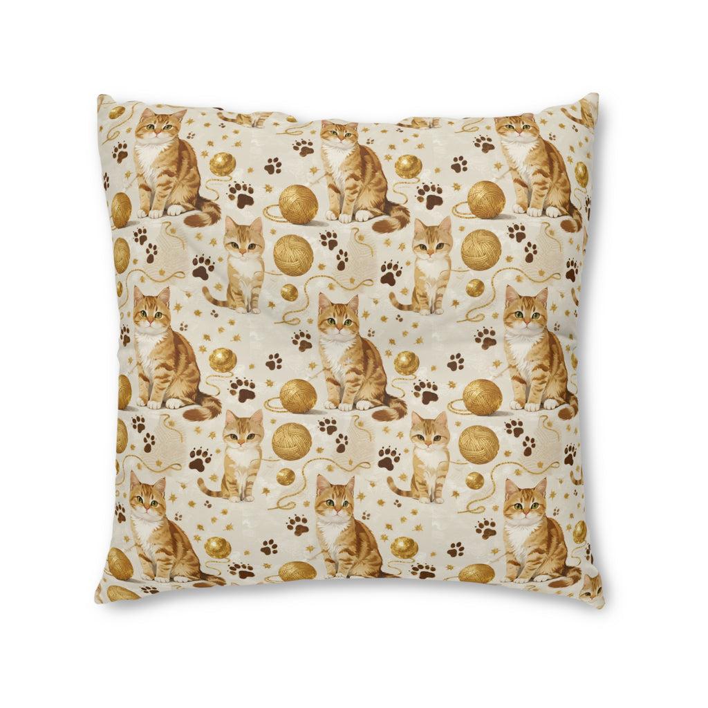 Indoor Square Floor Pillow - Adorable ginger cat with bright green eyes, sparkling gold yarn and paw prints, classic tabby cat illustration, cream background, cute and charming pet themed art