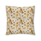 Indoor Square Floor Pillow - Adorable ginger cat with bright green eyes, sparkling gold yarn and paw prints, classic tabby cat illustration, cream background, cute and charming pet themed art