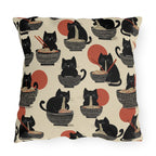 Outdoor Pillow - A whimsical and delightful hand-drawn style pattern of adorable black cats eating bowls of delicious ramen noodles with a large red sun in the background.