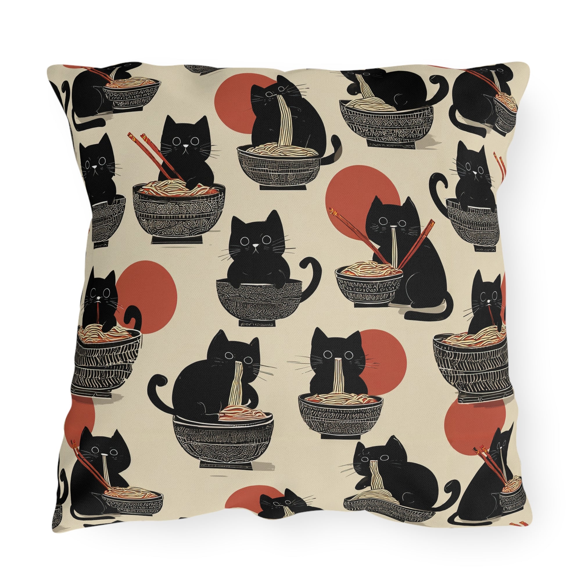 Outdoor Pillow - A whimsical and delightful hand-drawn style pattern of adorable black cats eating bowls of delicious ramen noodles with a large red sun in the background.