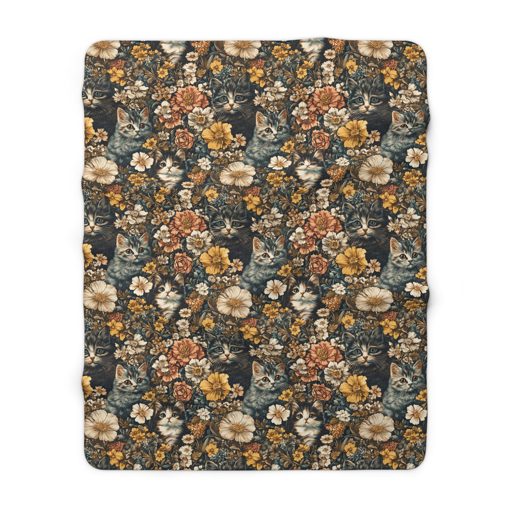 Sherpa Blanket - Grey Tabby Kittens Among Yellow and Peach Flowers, Moody Vintage Botanical Illustration