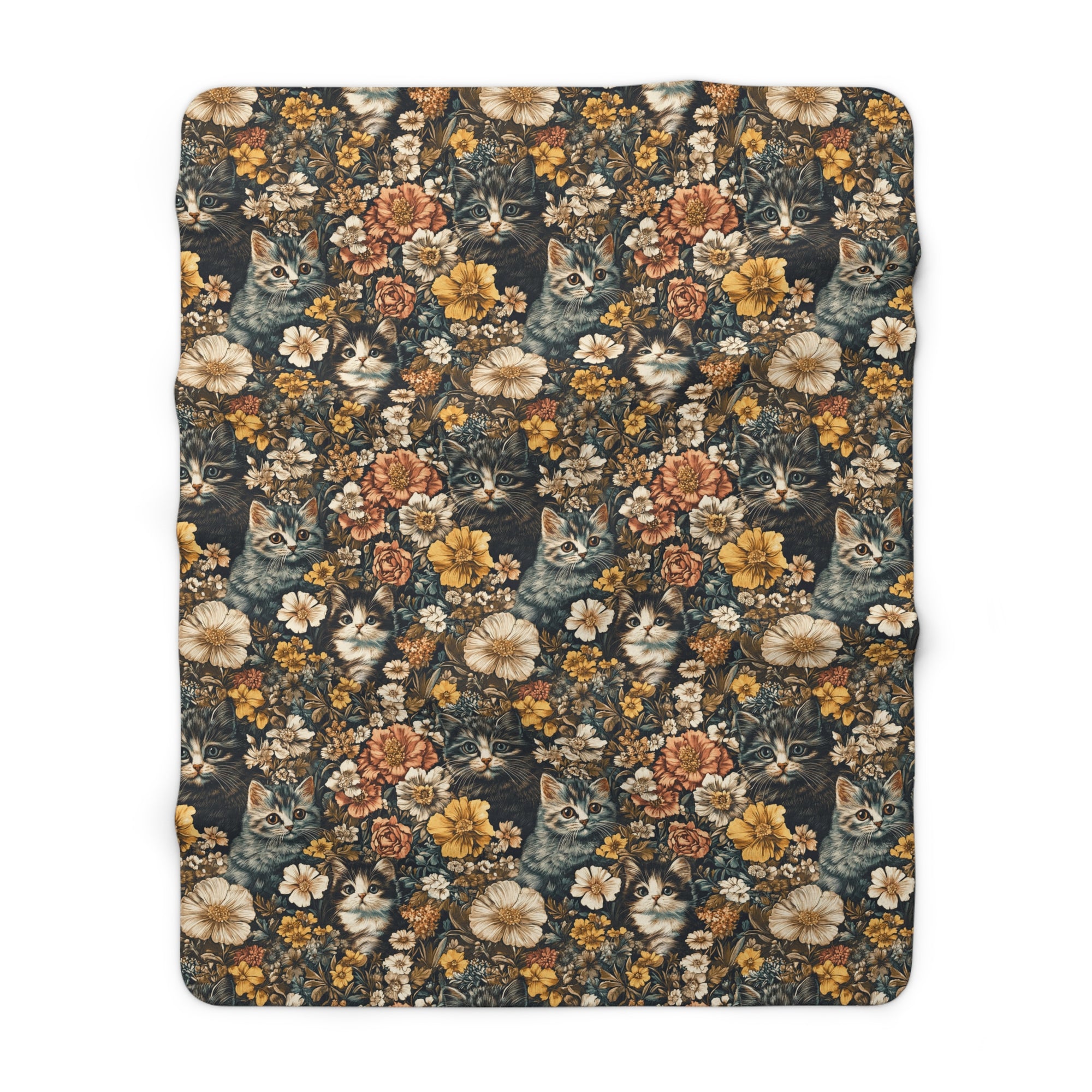 Sherpa Blanket - Grey Tabby Kittens Among Yellow and Peach Flowers, Moody Vintage Botanical Illustration