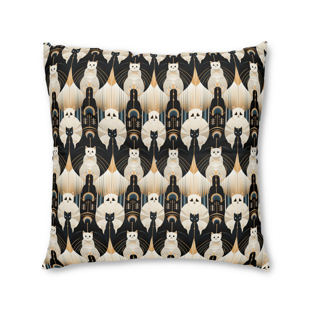Indoor Square Floor Pillow - An elegant and artistic Art Deco-style pattern featuring streamlined white cats with a striking geometric backdrop of golden and black lines and shapes.