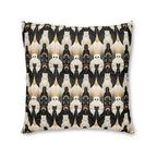 Indoor Square Floor Pillow - An elegant and artistic Art Deco-style pattern featuring streamlined white cats with a striking geometric backdrop of golden and black lines and shapes.