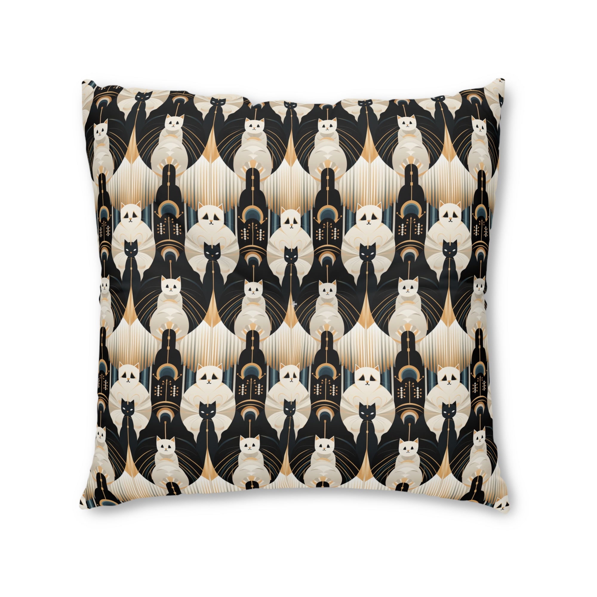 Indoor Square Floor Pillow - An elegant and artistic Art Deco-style pattern featuring streamlined white cats with a striking geometric backdrop of golden and black lines and shapes.