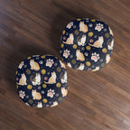 Indoor Round Floor Pillow - Charming cats and golden yarn playful design, cute kittens with paw prints, whimsical animal art for cat lovers, dark blue background, delightful pet themed illustration