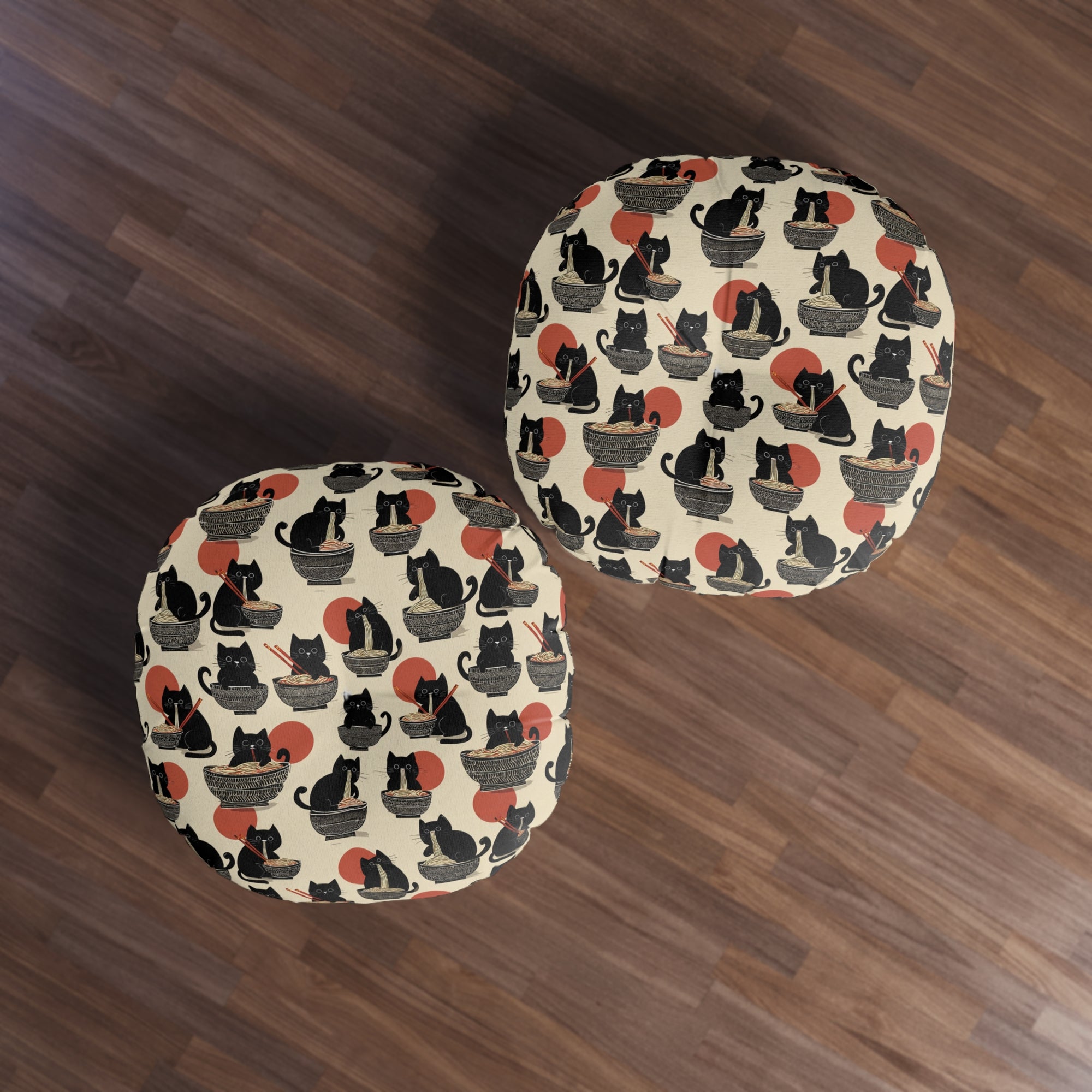 Indoor Round Floor Pillow - A whimsical and delightful hand-drawn style pattern of adorable black cats eating bowls of delicious ramen noodles with a large red sun in the background.