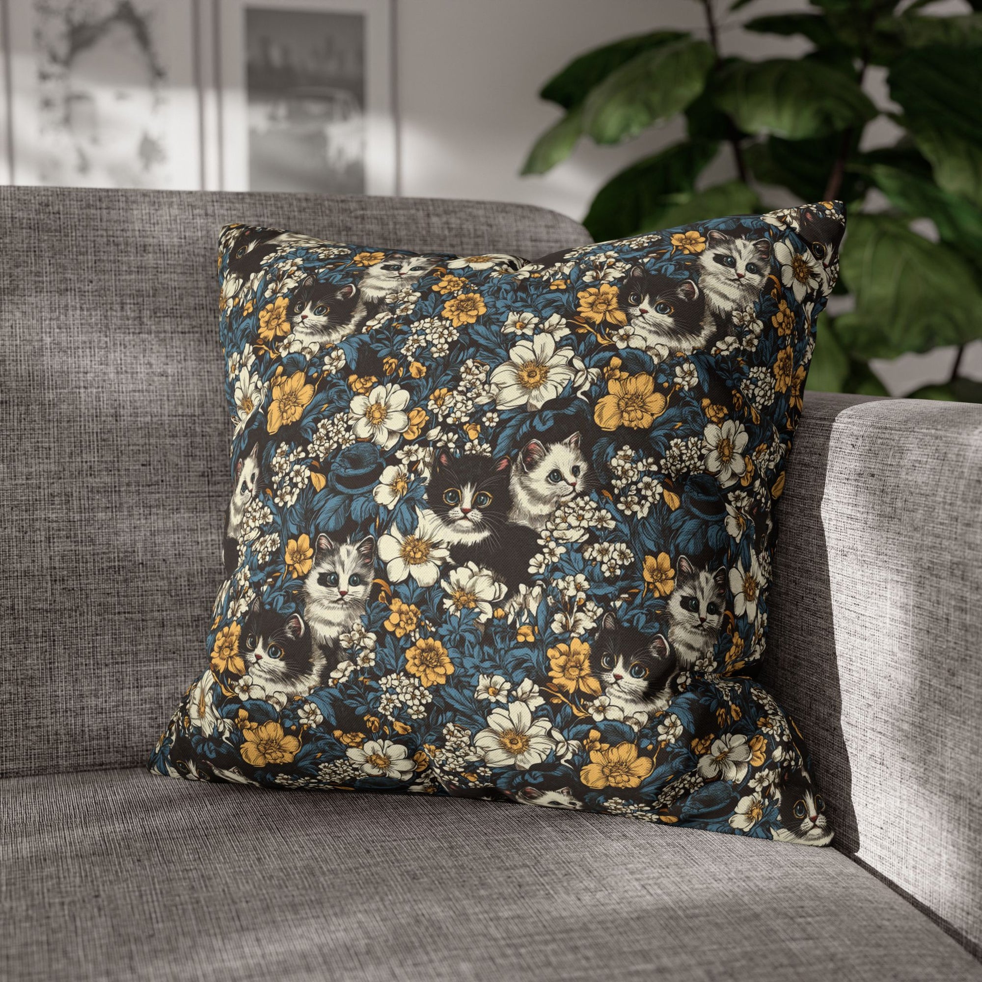 Square Pillowcase - Black and White Kittens with Yellow and White Flowers, Dark Blue Leaves, Vintage Charm