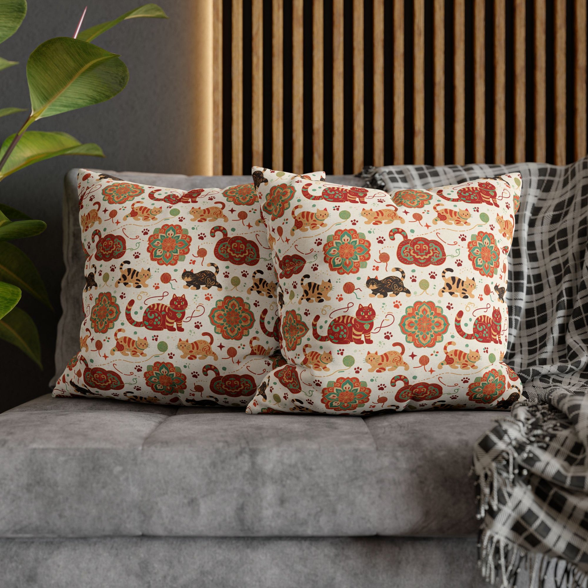 Square Pillowcase - Vibrant boho chic cats and mandalas, colorful folk art style, playful felines with yarn and paw prints, artistic and bohemian cat design, cream background, unique animal print