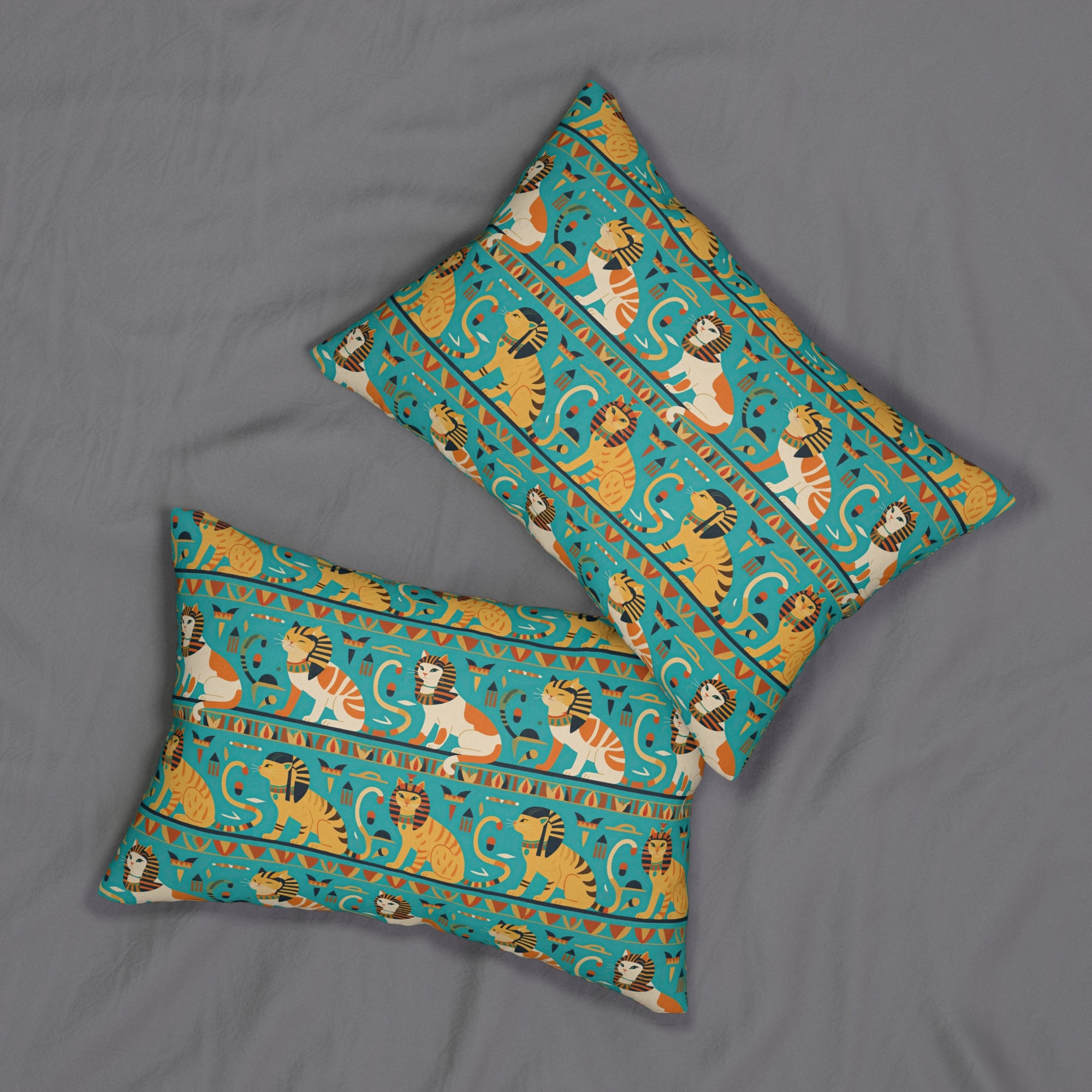 Indoor Lumbar Pillow - Horizontal Stripes of Golden Egyptian Cats and Intricate Hieroglyphs Form a Repeating and Historically Themed Border Pattern