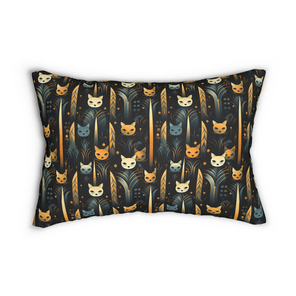 Indoor Lumbar Pillow - A sleek and stylish Art Deco-inspired pattern depicting a serene nocturnal landscape with streamlined cat silhouettes and radiating golden light among abstract plants.