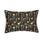 Indoor Lumbar Pillow - A sleek and stylish Art Deco-inspired pattern depicting a serene nocturnal landscape with streamlined cat silhouettes and radiating golden light among abstract plants.