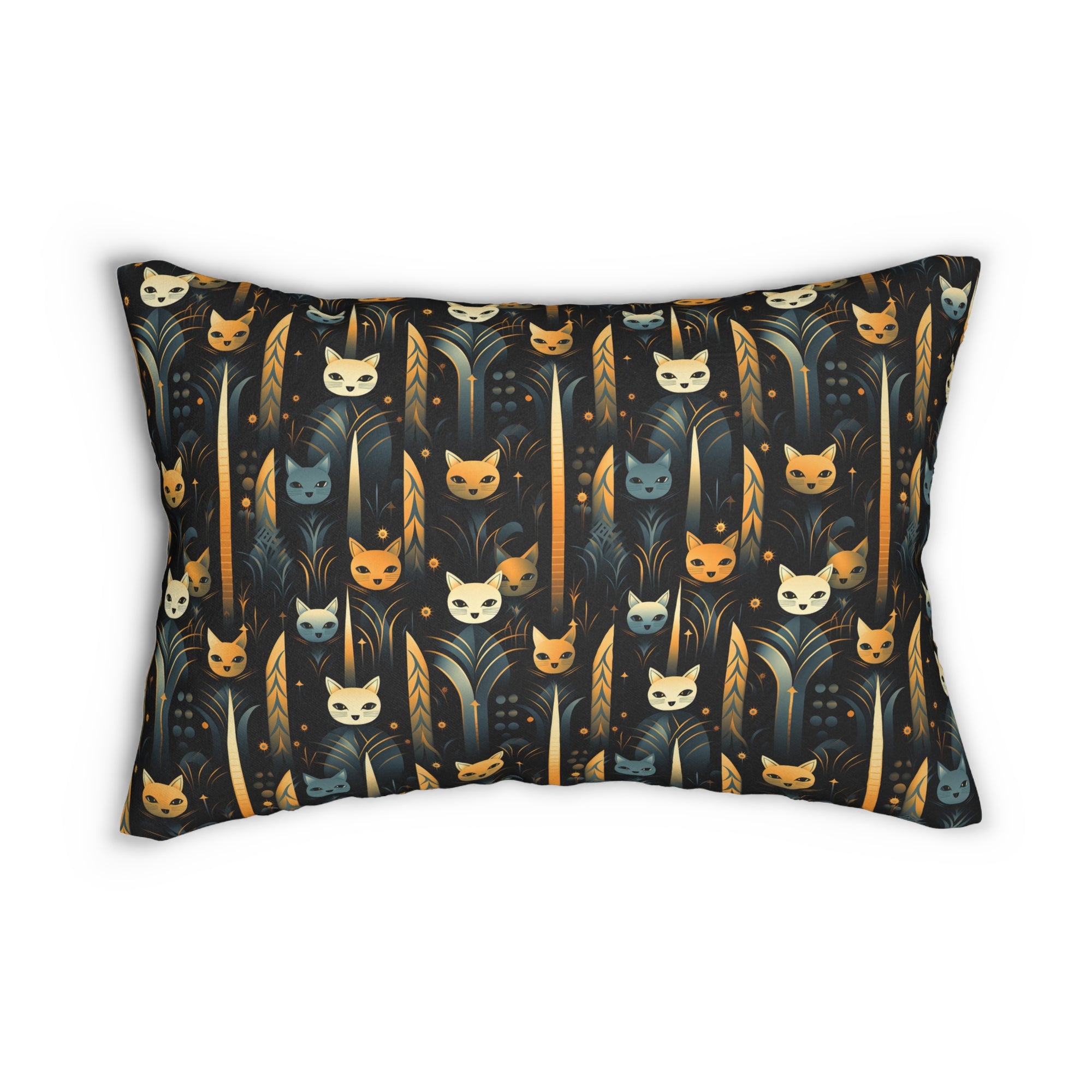 Indoor Lumbar Pillow - A sleek and stylish Art Deco-inspired pattern depicting a serene nocturnal landscape with streamlined cat silhouettes and radiating golden light among abstract plants.