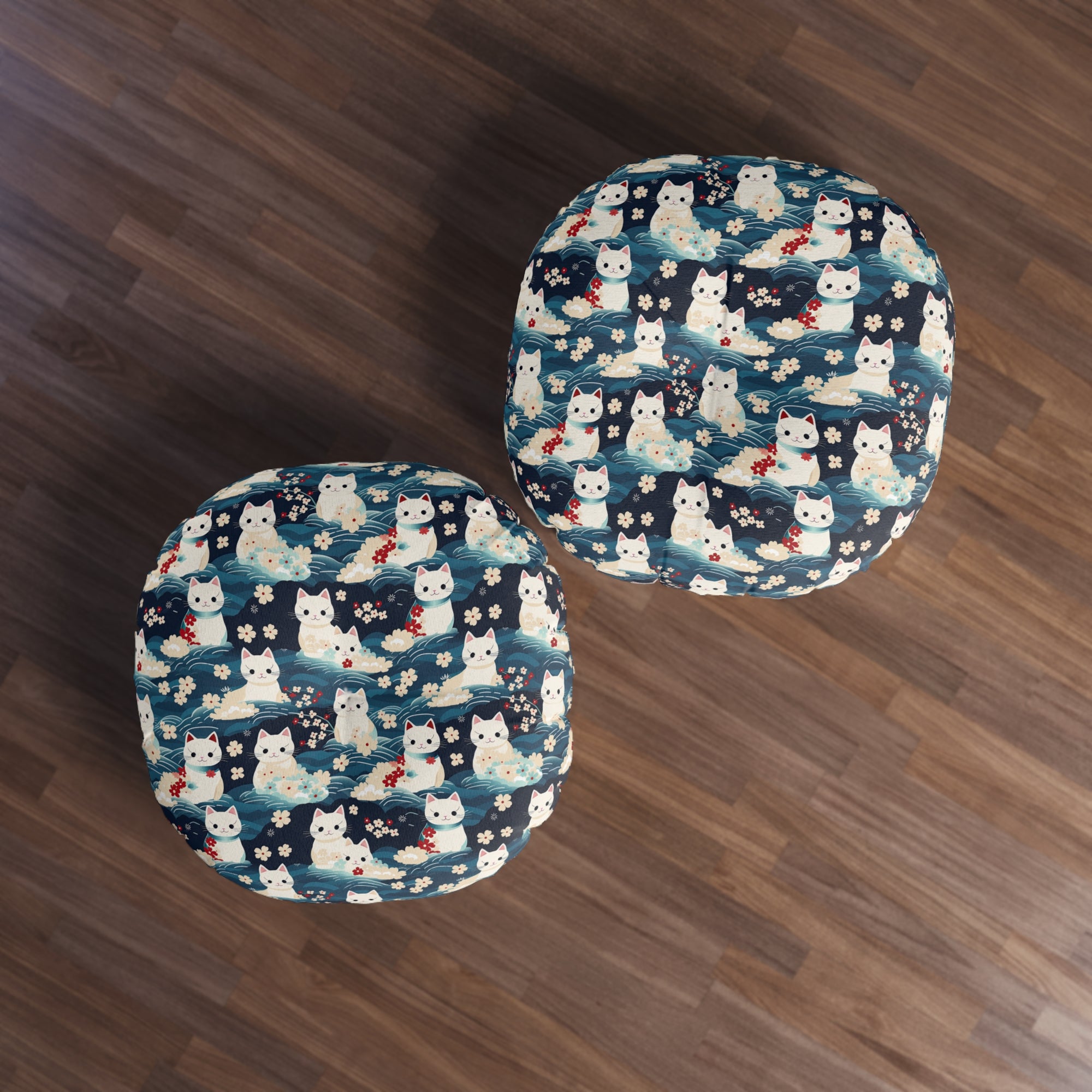 Indoor Round Floor Pillow - A lovely, playful, Japanese-inspired illustration of sweet white cats sitting on rolling blue waves with red and white flowers and gentle clouds.