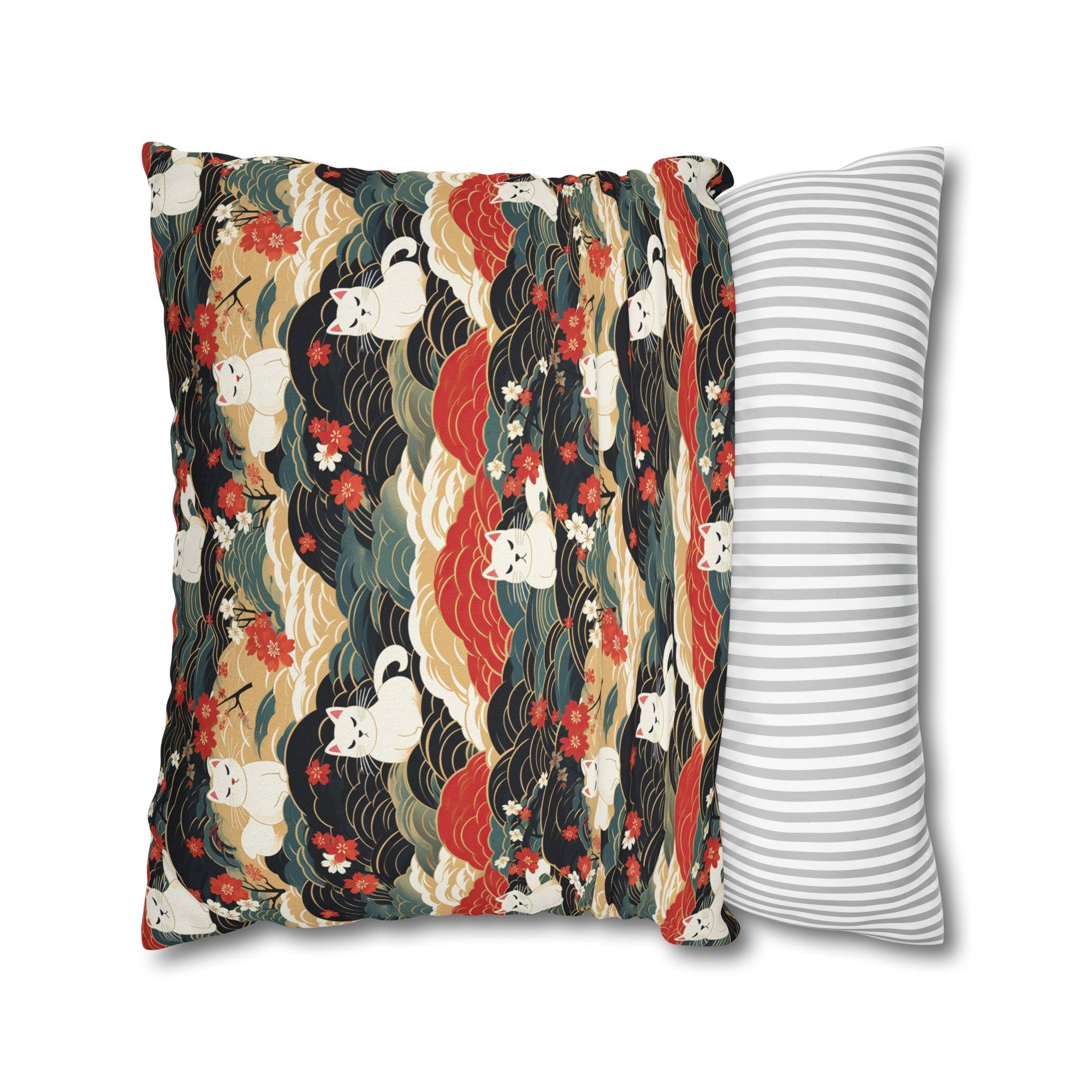 Square Pillowcase - A beautiful, Japanese-inspired illustration of tranquil white cats resting on rolling clouds with vibrant red and white cherry blossoms.
