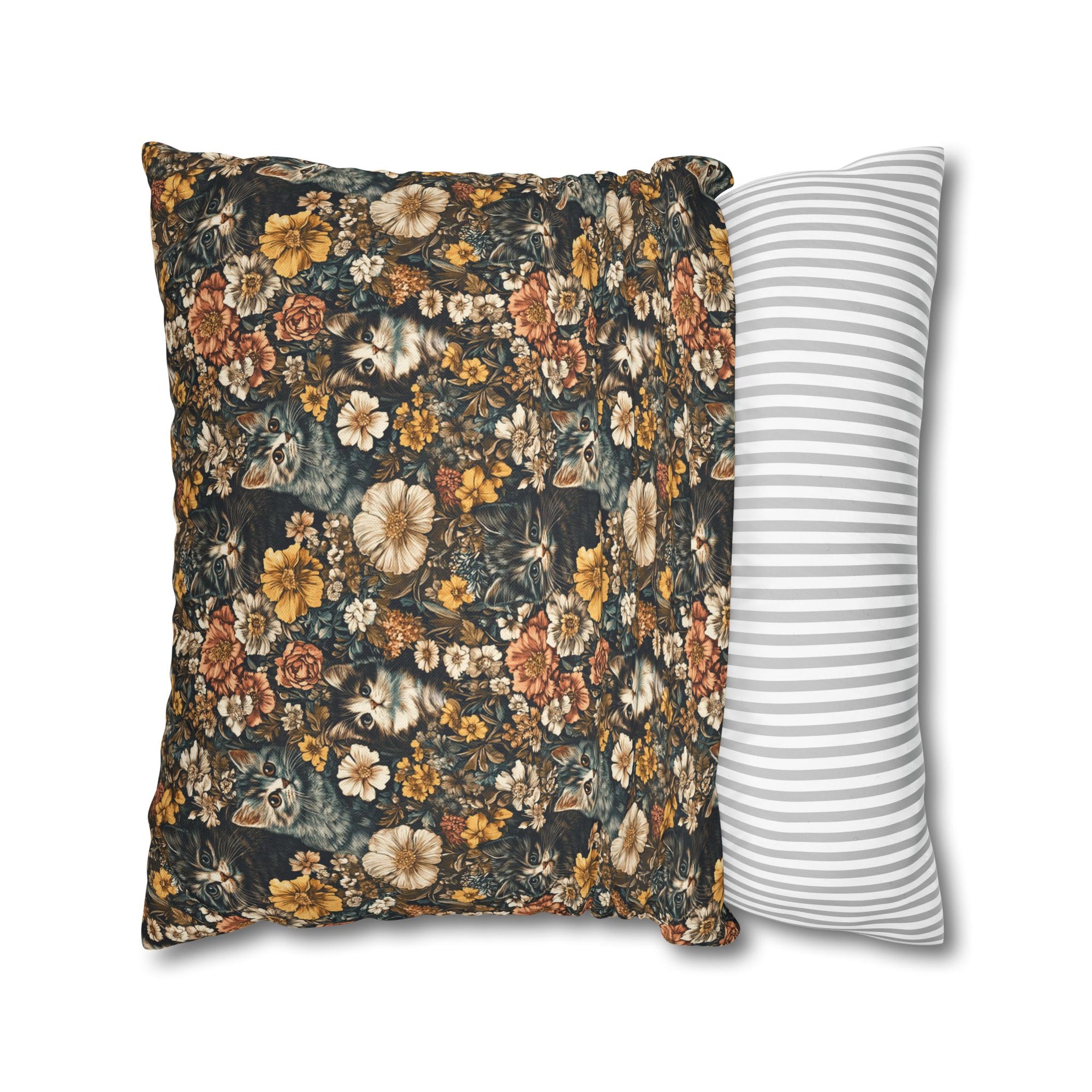 Square Pillowcase - Grey Tabby Kittens Among Yellow and Peach Flowers, Moody Vintage Botanical Illustration