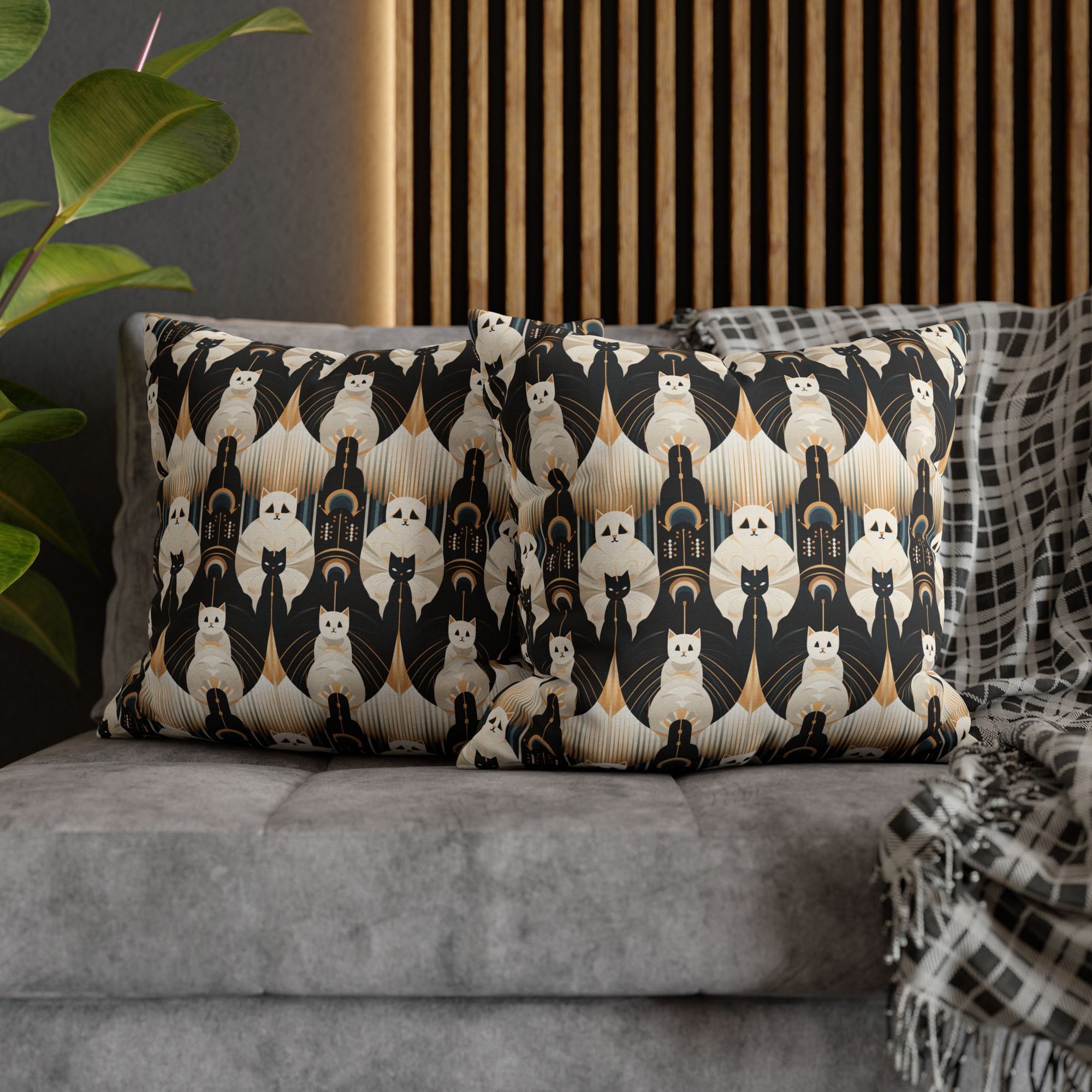 Square Pillowcase - An elegant and artistic Art Deco-style pattern featuring streamlined white cats with a striking geometric backdrop of golden and black lines and shapes.