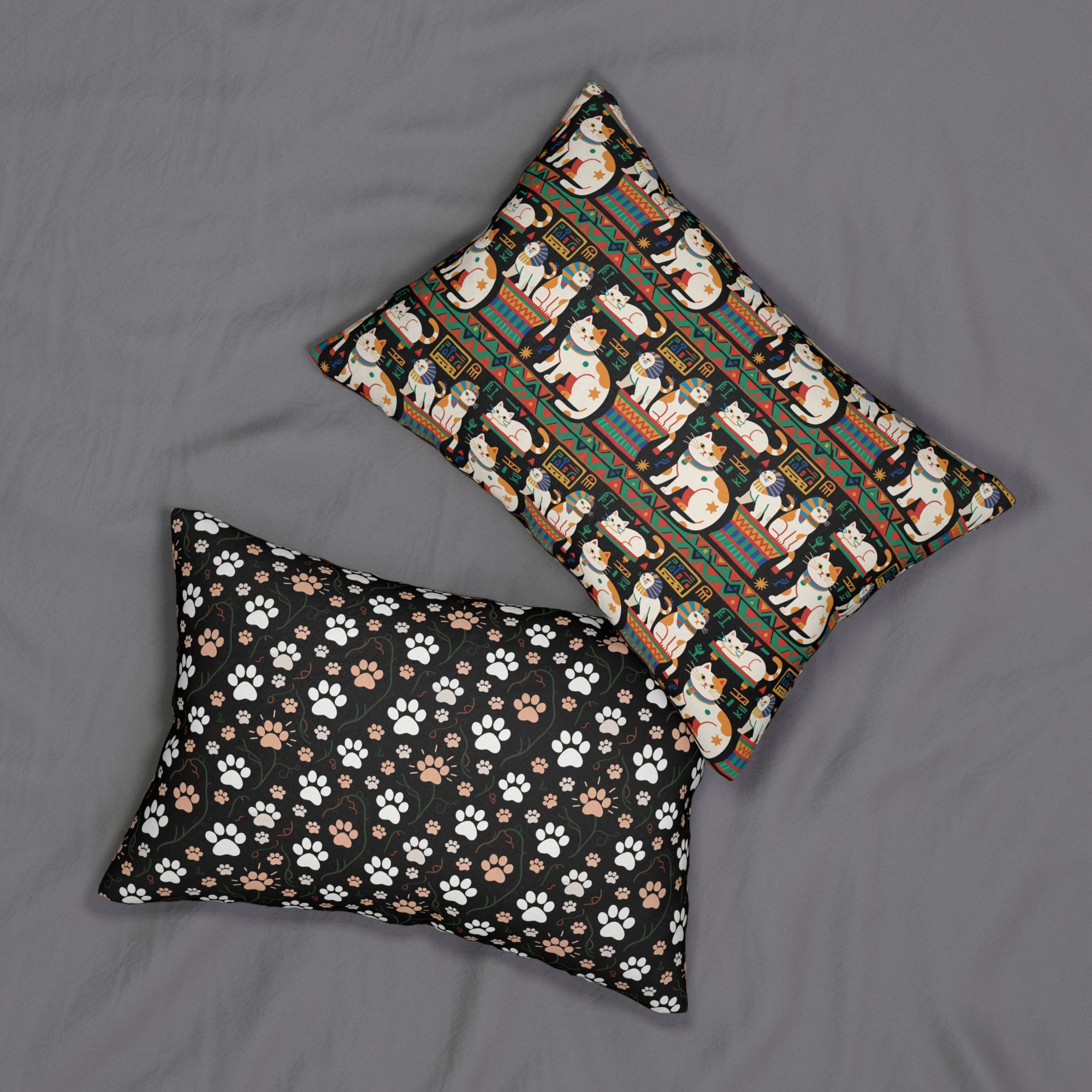 Indoor Lumbar Pillow - Ancient Egyptian Felines with Hieroglyphs and Colorful Borders Adorn this Playful and Culturally Rich Cat Pattern