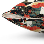 Indoor Square Pillow - A beautiful, Japanese-inspired illustration of tranquil white cats resting on rolling clouds with vibrant red and white cherry blossoms.