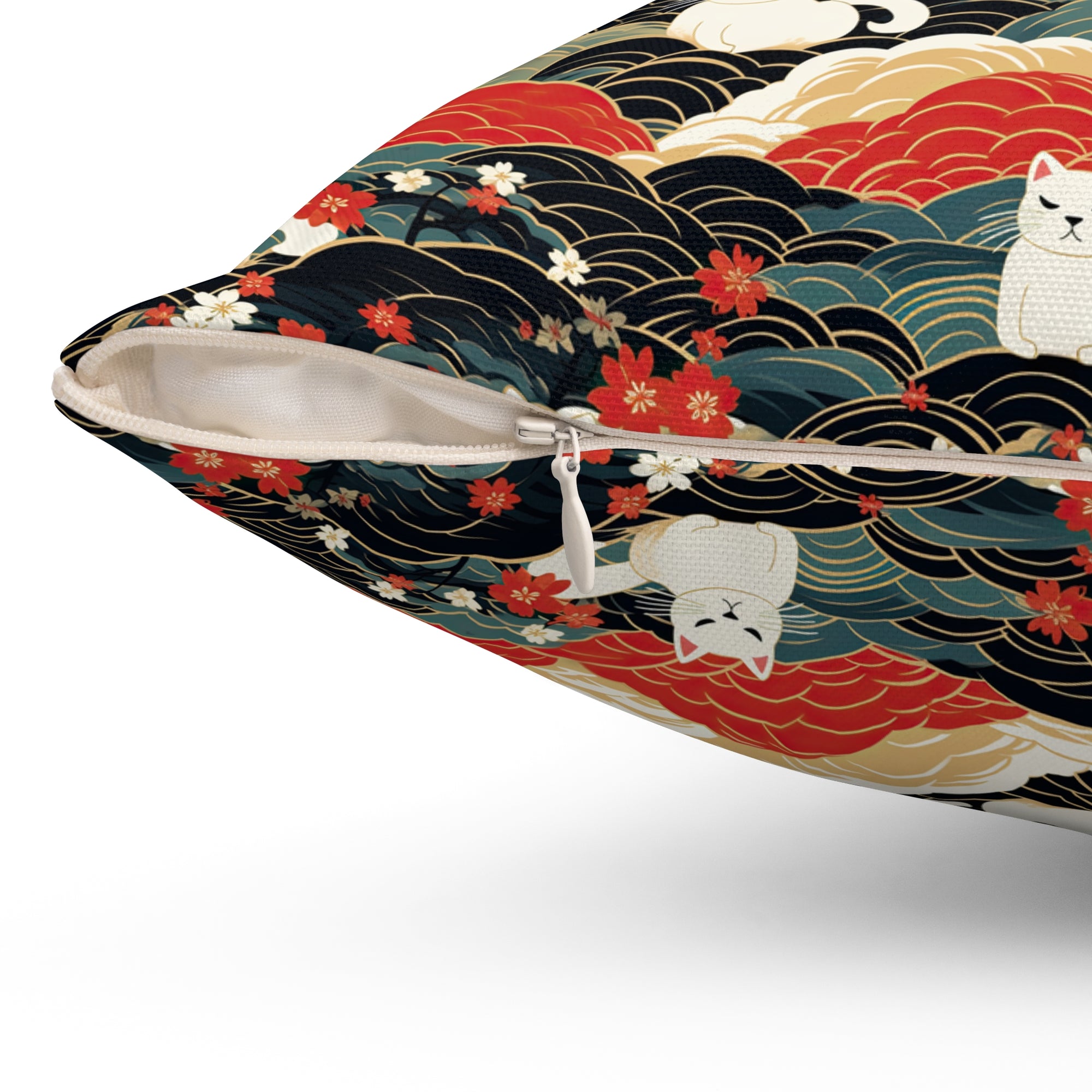 Indoor Square Pillow - A beautiful, Japanese-inspired illustration of tranquil white cats resting on rolling clouds with vibrant red and white cherry blossoms.