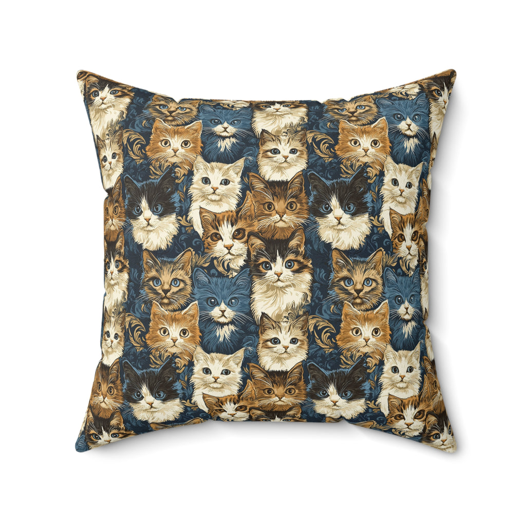 Indoor Square Pillow - Blue Eyed Cats with Brown and White Fur on a Deep Blue Damask Background