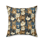 Indoor Square Pillow - Blue Eyed Cats with Brown and White Fur on a Deep Blue Damask Background