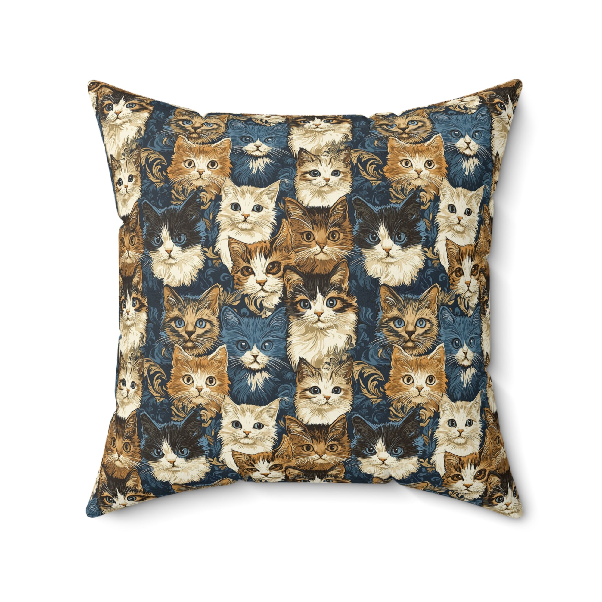 Indoor Square Pillow - Blue Eyed Cats with Brown and White Fur on a Deep Blue Damask Background