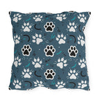 Outdoor Pillow - Vibrant boho chic cats and mandalas, colorful folk art style, playful felines with yarn and paw prints, artistic and bohemian cat design, cream background, unique animal print