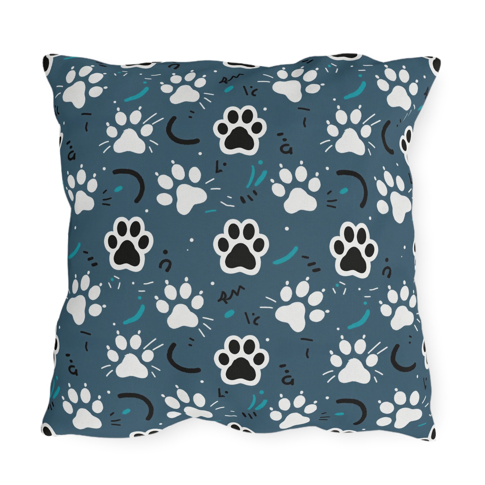 Outdoor Pillow - Vibrant boho chic cats and mandalas, colorful folk art style, playful felines with yarn and paw prints, artistic and bohemian cat design, cream background, unique animal print