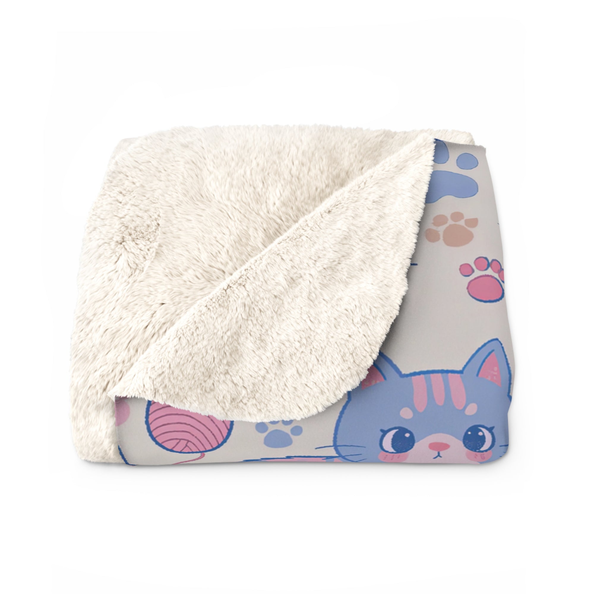 Sherpa Blanket - Sweet pastel blue and pink cartoon cats, cute kawaii style kittens with yarn and paw prints, charming and playful animal design, light cream background, delightful pet pattern