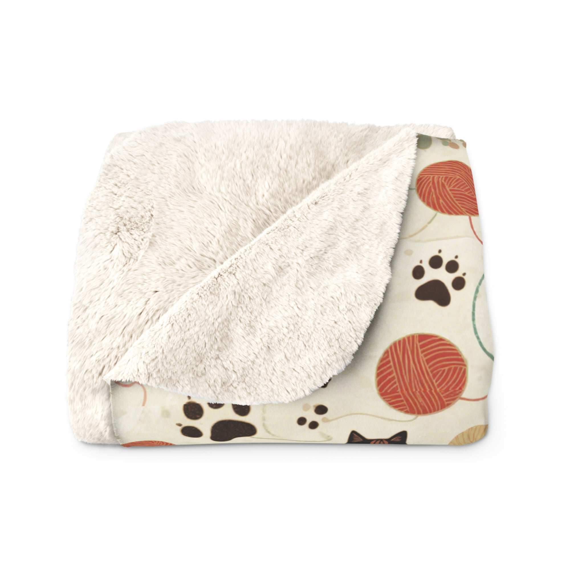 Sherpa Blanket - Intricate tribal patterned black cats, colorful folk art style, playful felines with yarn balls and paw prints, artistic and bohemian cat design, cream background, unique animal print
