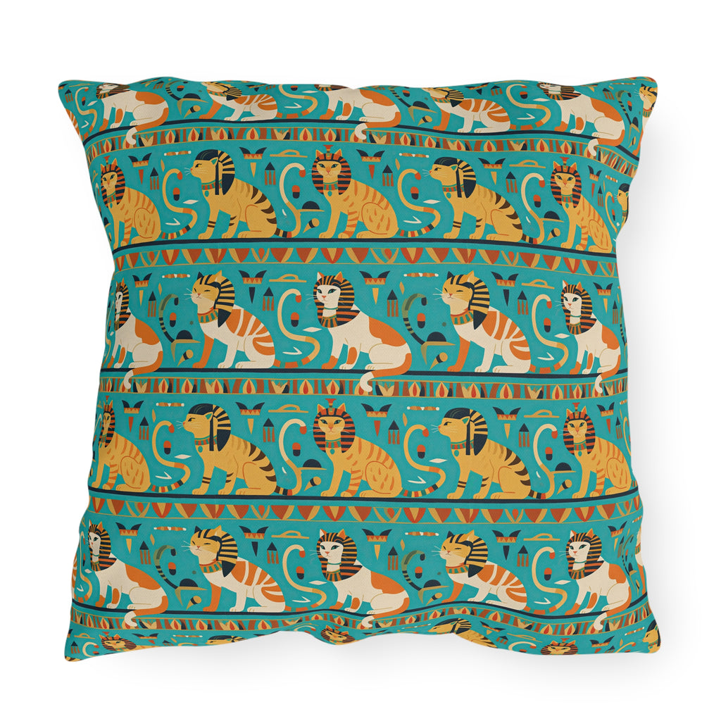 Outdoor Pillow - Horizontal Stripes of Golden Egyptian Cats and Intricate Hieroglyphs Form a Repeating and Historically Themed Border Pattern