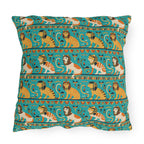 Outdoor Pillow - Horizontal Stripes of Golden Egyptian Cats and Intricate Hieroglyphs Form a Repeating and Historically Themed Border Pattern