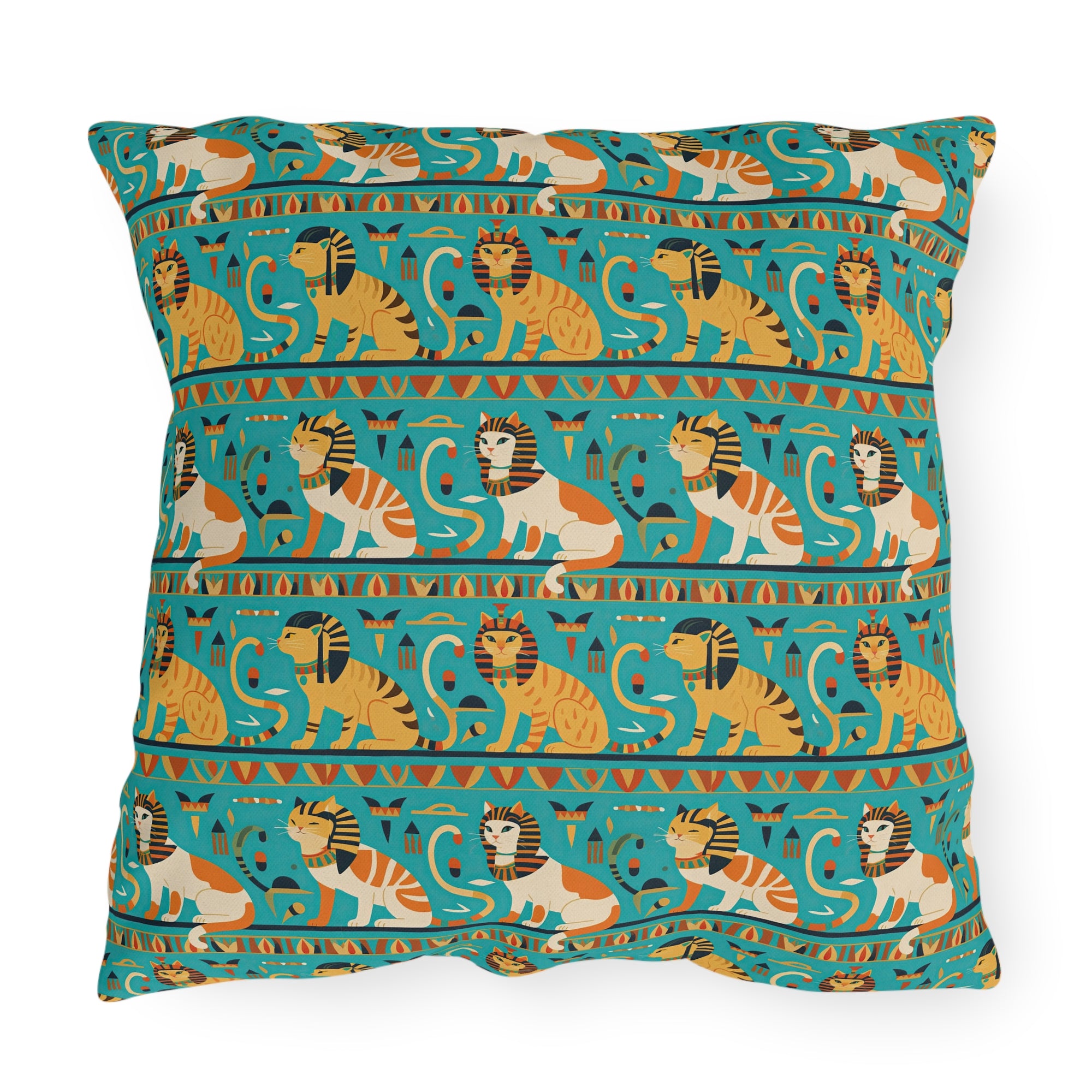 Outdoor Pillow - Horizontal Stripes of Golden Egyptian Cats and Intricate Hieroglyphs Form a Repeating and Historically Themed Border Pattern