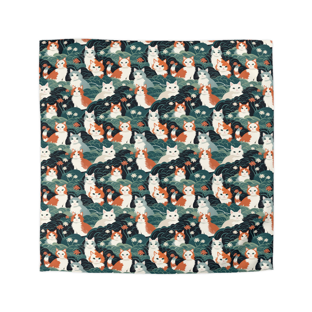 Duvet Cover - A whimsical, fluffy, watercolor depiction of various cats of different colors peeking out from a dense dark blue and green bush with white flowers.