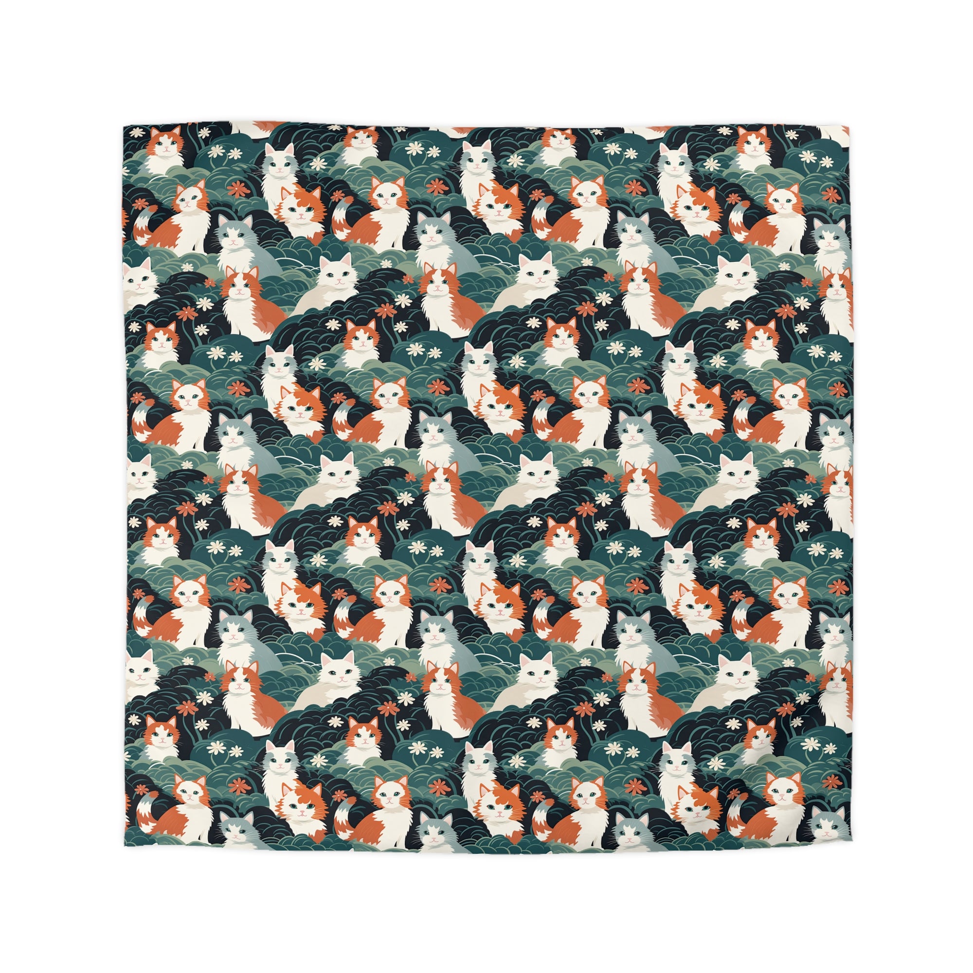 Duvet Cover - A whimsical, fluffy, watercolor depiction of various cats of different colors peeking out from a dense dark blue and green bush with white flowers.
