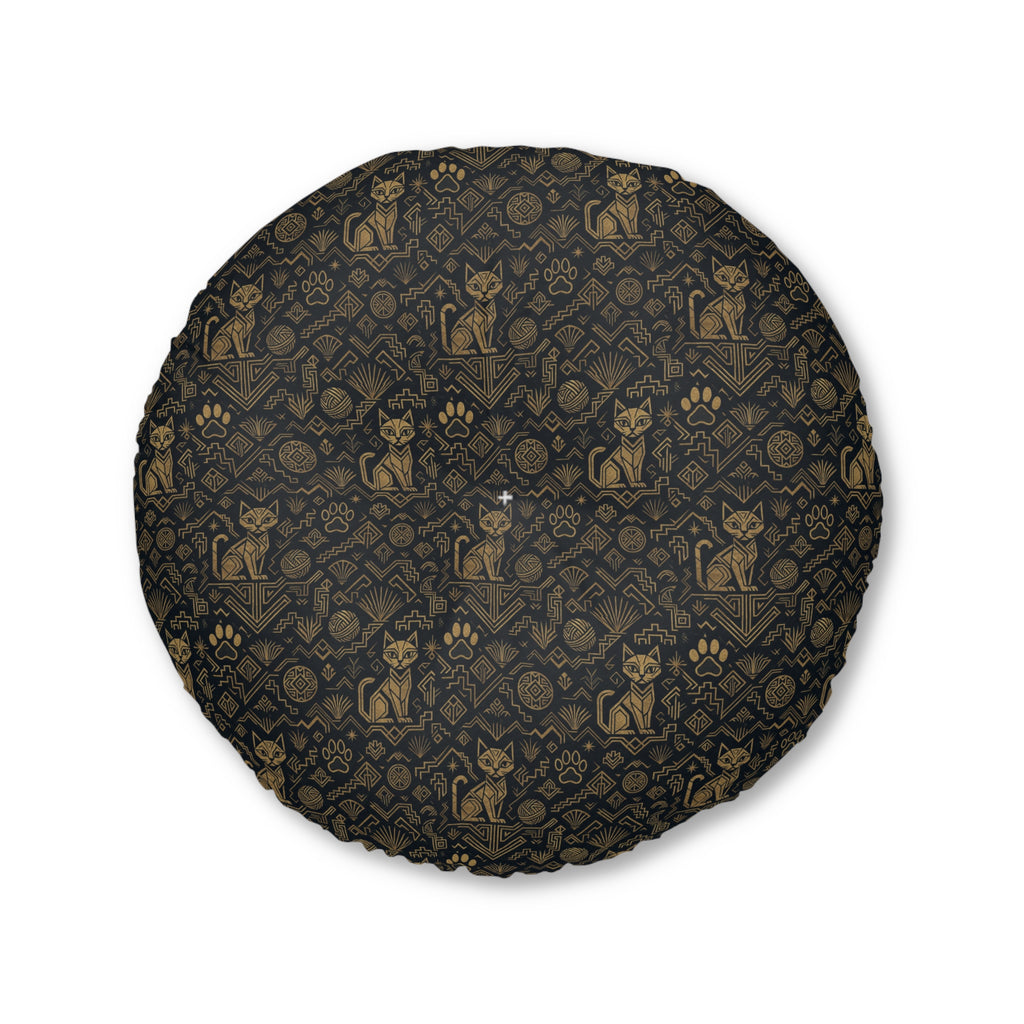 Indoor Round Floor Pillow - Art Deco Inspired Golden Cat Silhouettes and Geometric Patterns Create a Sophisticated and Stylized Modern Design